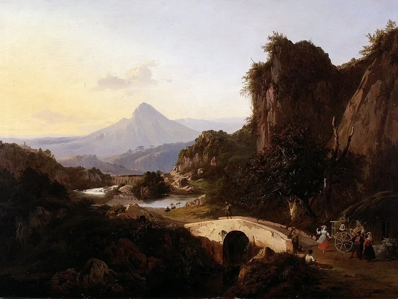 1808-Edouard De Vigne - Paesaggio italiano con figure danzanti